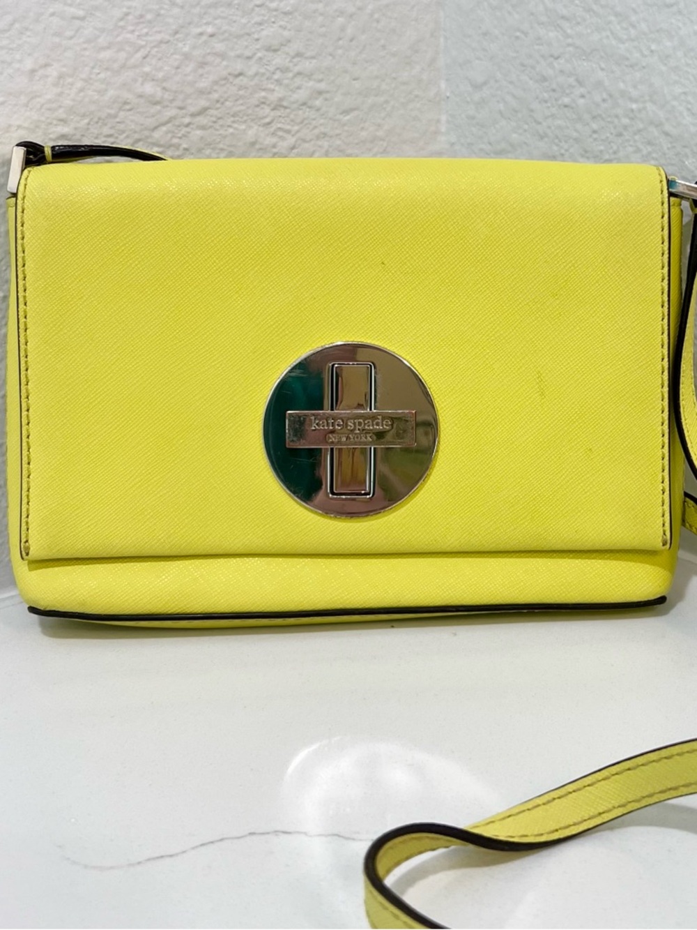 Kate Spade New York Yellow Saffiano Leather Turnlock Crossbody Bag